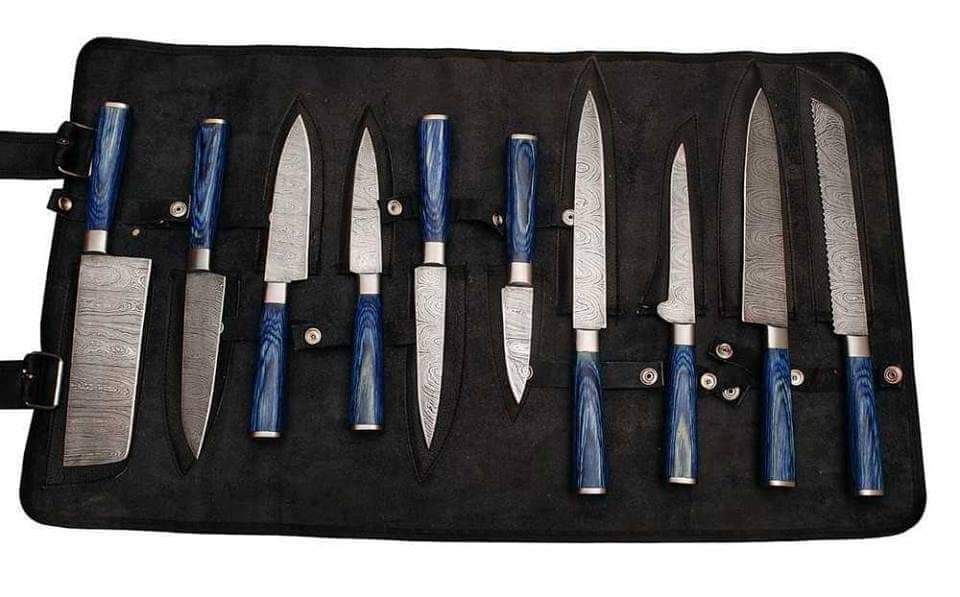 Custom handmade damascus steel kitchen chef set with leather roll 10 pcs