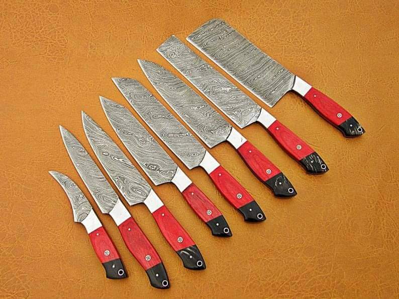 Custom handmade damascus steel kitchen chef set with leather roll 08 pcs