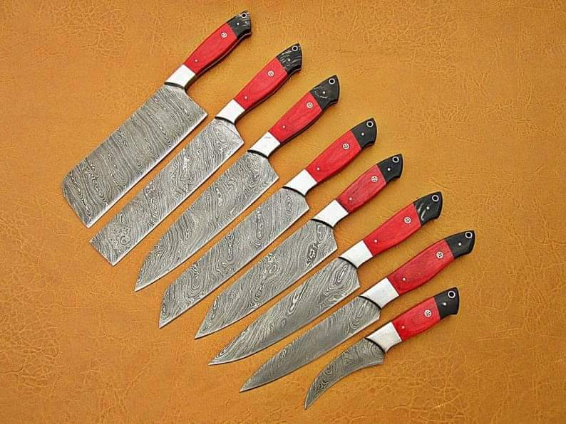 Custom handmade damascus steel kitchen chef set with leather roll 08 pcs