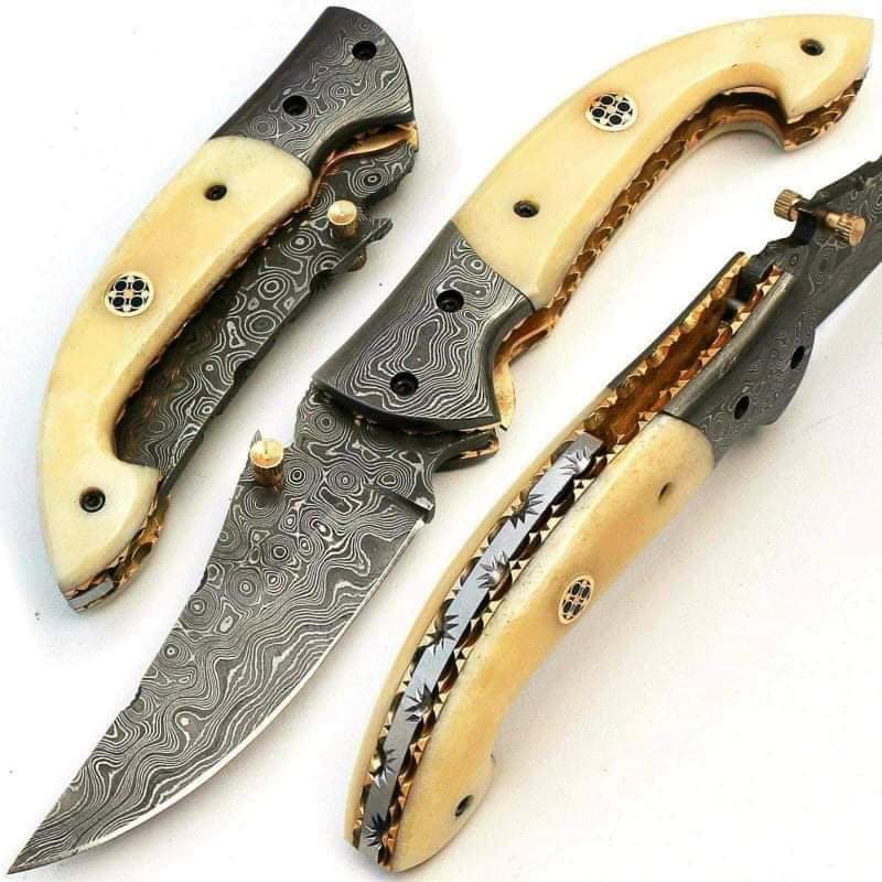 custom handmade damascus steel folding knife with leather sheath
