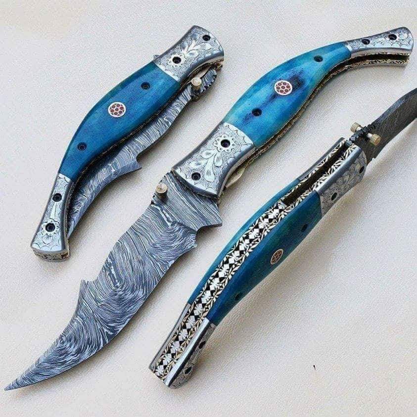 custom handmade damascus steel folding knife with leather sheath