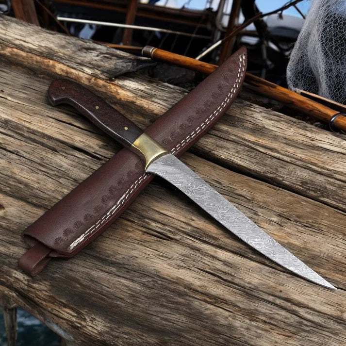 Custom handmade damascus steel fish fillet knife with leather sheath