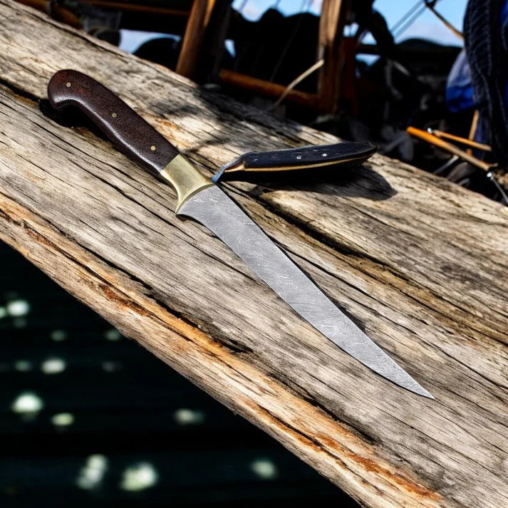 Custom handmade damascus steel fish fillet knife with leather sheath