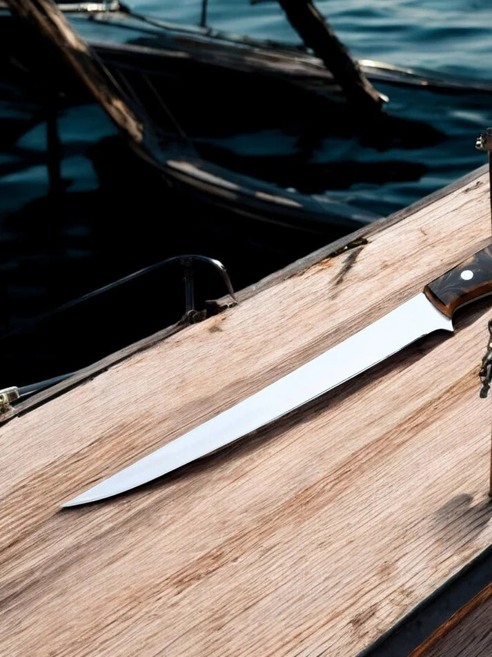 Custom handmade D2 steel fish fillet knife with leather sheath