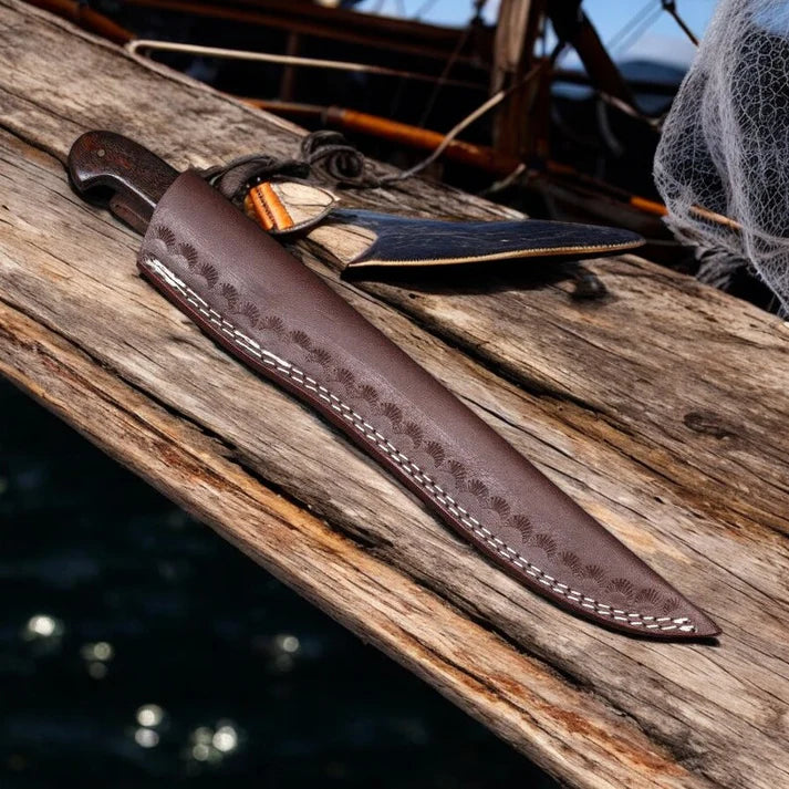Custom handmade damascus steel fish fillet knife with leather sheath