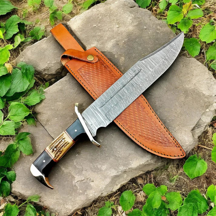 Custom handmade damascus steel hunting knife with leather sheath!