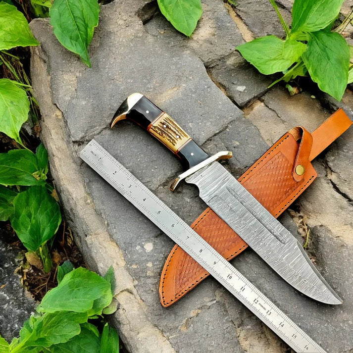 Custom handmade damascus steel hunting knife with leather sheath!