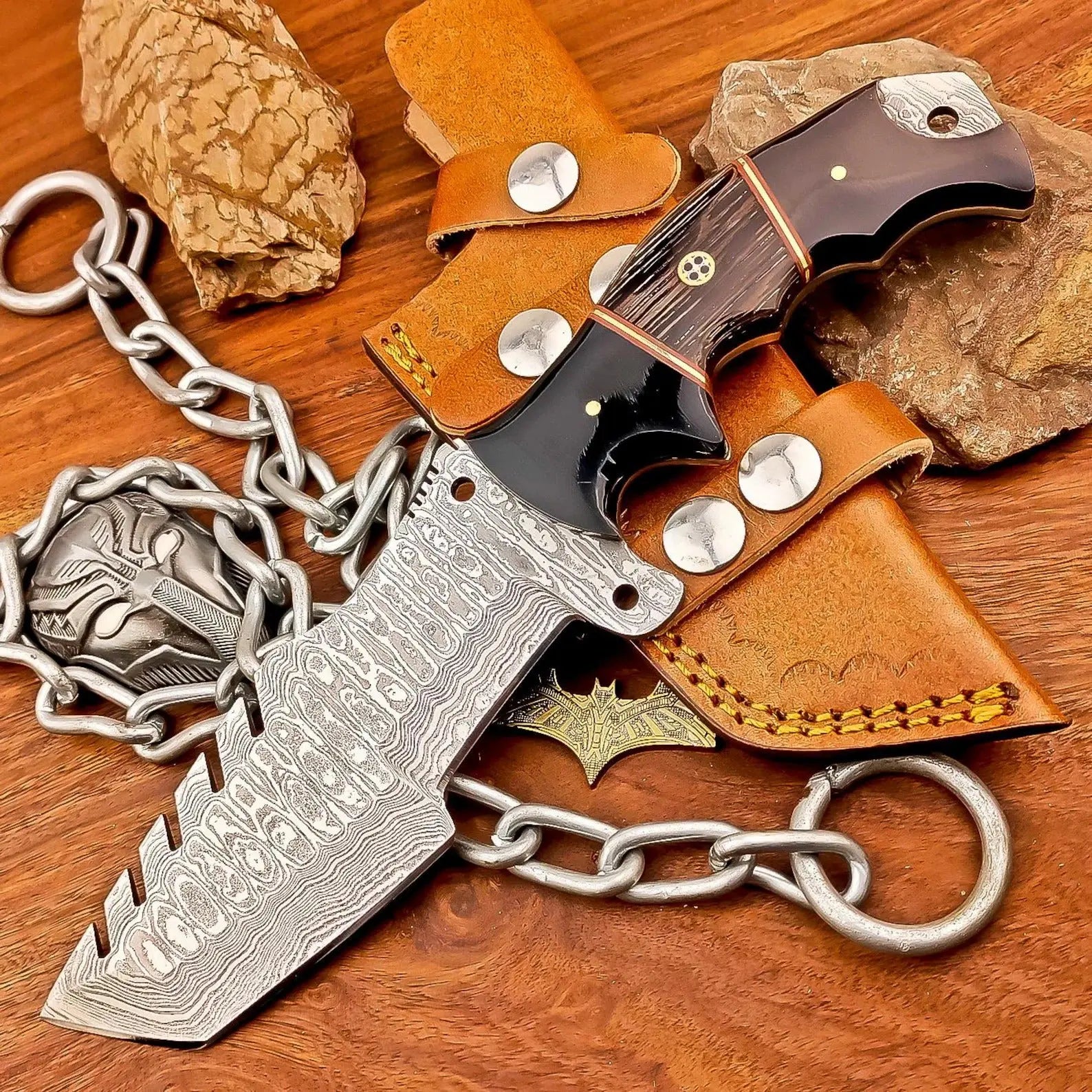 Custom handmade damascus steel tracker knife with leather sheath - Image #1