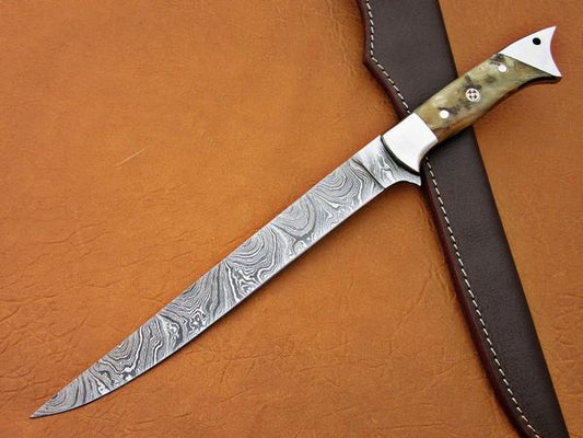 Custom handmade damascus steel fish fillet knife with leather sheath