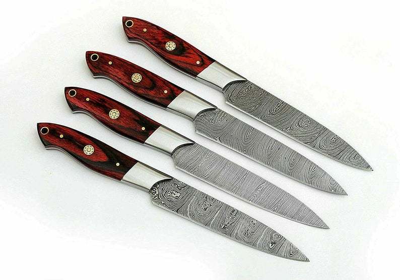 Custom handmade Damascus steel steaks set with leather roll 04 pcs