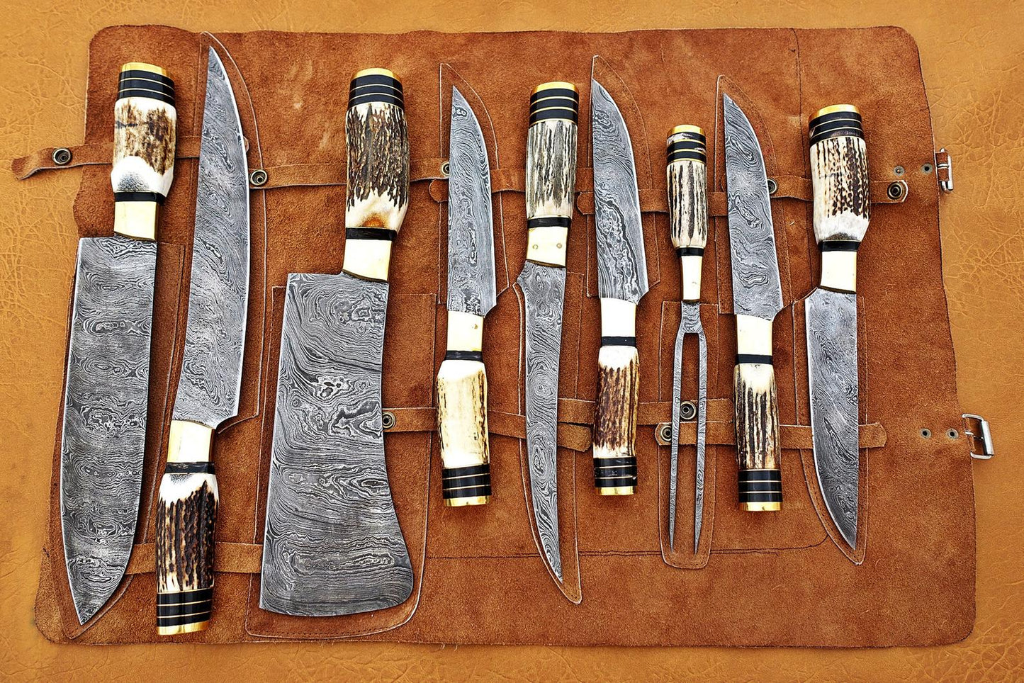Custom handmade damascus steel kitchen chef set with leather roll 09 pcs/stag horn handles