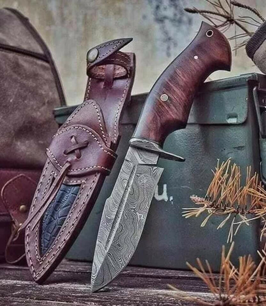 Custom handmade damascus steel skinner knife with leather sheath