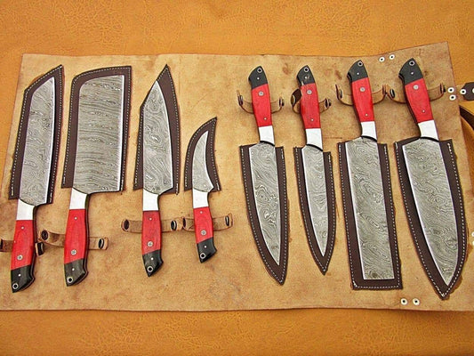 Custom handmade damascus steel kitchen chef set with leather roll 08 pcs