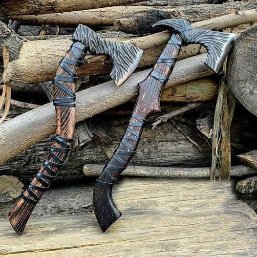 Custom handmade D2 steel viking axe pair with leather sheath