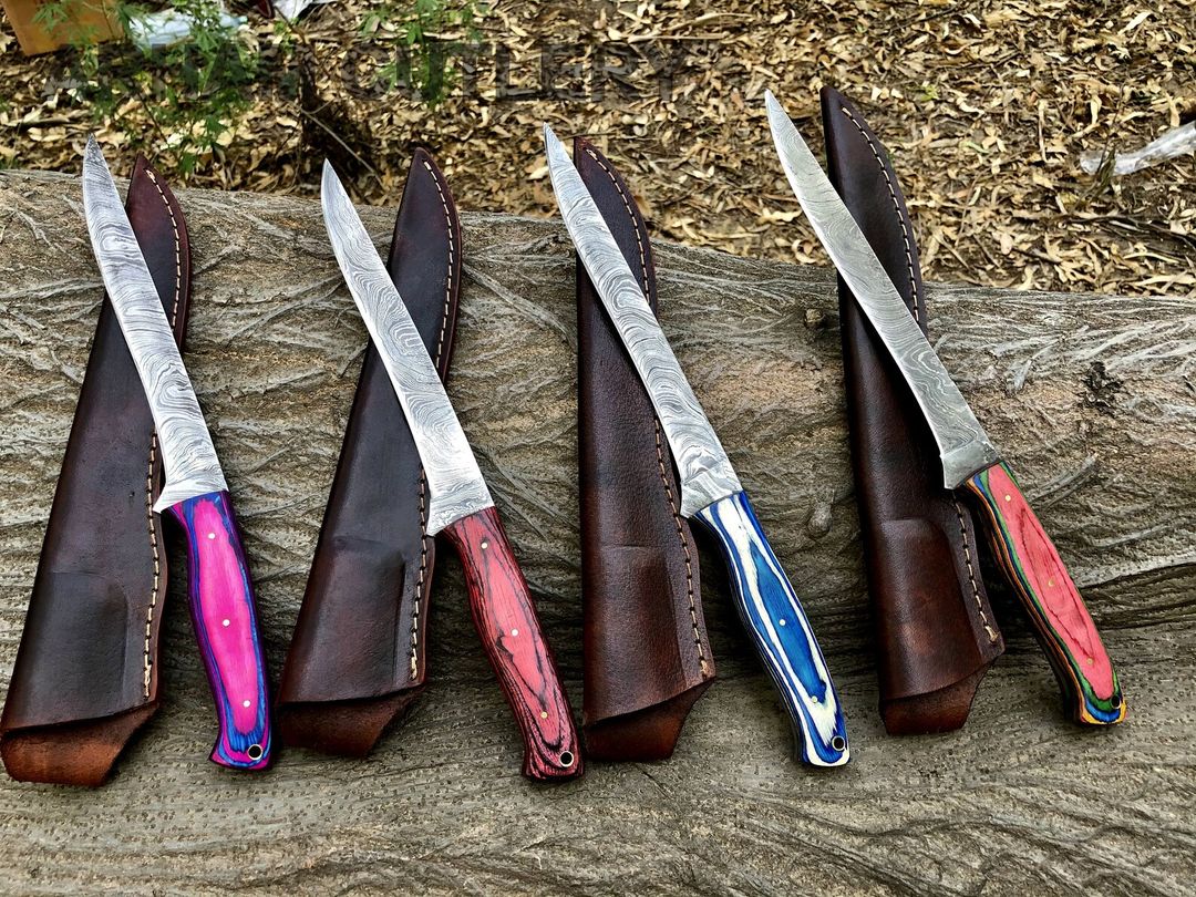 Custom handmade damascus steel fish fillet knives with leather sheath 04 pcs