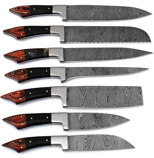 Custom handmade Damascus steel kitchen chef set with leather roll 07 pcs