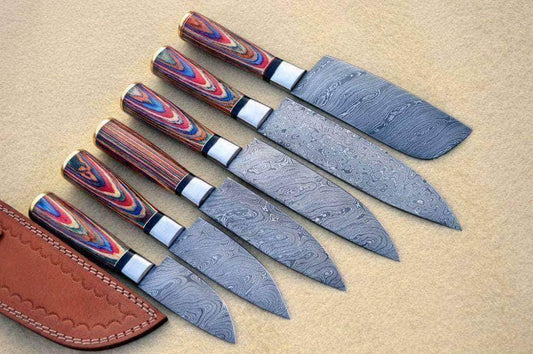 Custom handmade damascus steel kitchen chef set with leather roll 06 pcs