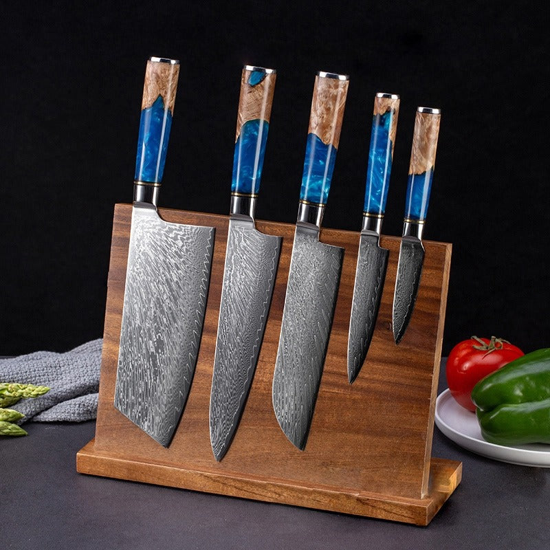 Custom handmade Damascus steel kitchen chef set with leather roll!