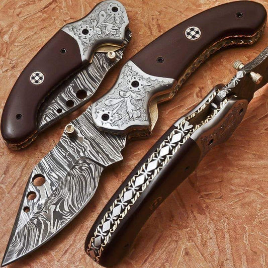 custom handmade damascus steel folding knife with leather sheath