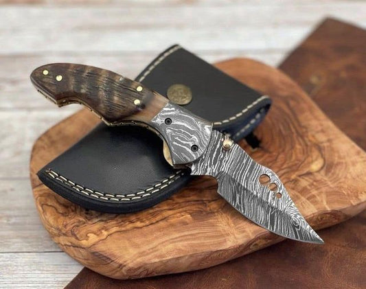 custom handmade damascus steel folding knife with leather sheath