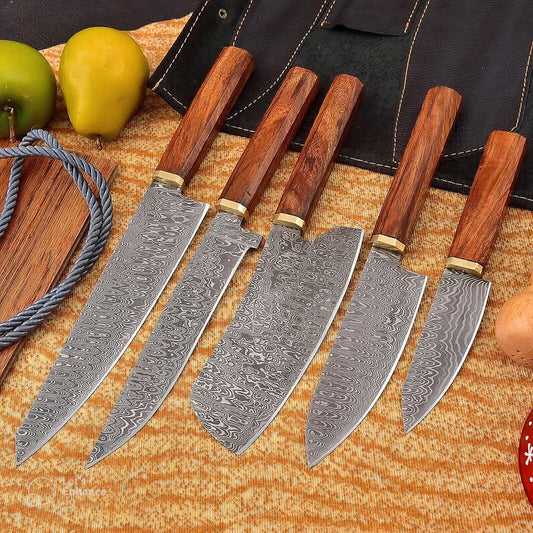 Custom handmade Damascus steel kitchen chef set with leather roll!