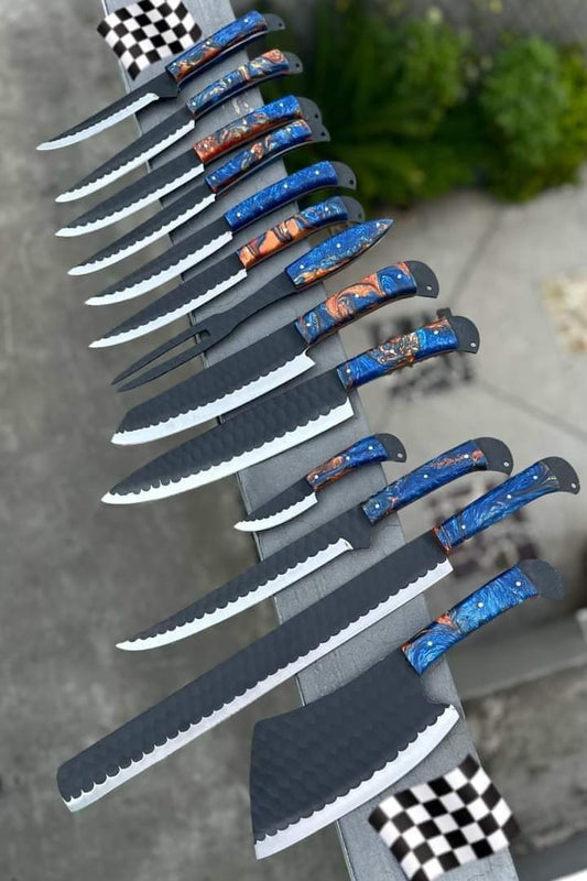 Custom Handmade D2 steel kitchen chef set 07 with steaks set 06 pcs(13pcs)
