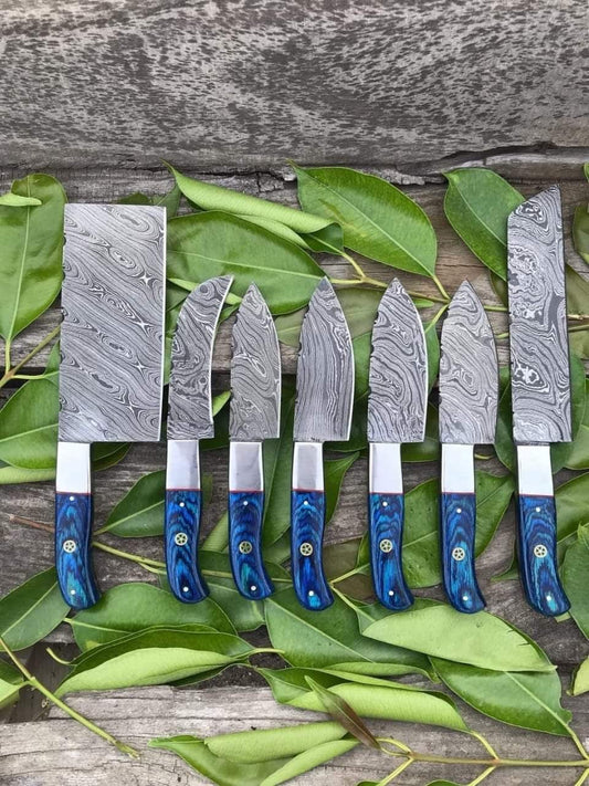 Custom handmade damascus steel kitchen chef set Blue 07 pcs