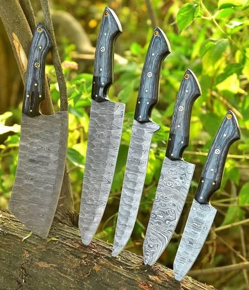 Custom handmade damascus steel kitchen chef set 05 pcs with leather roll