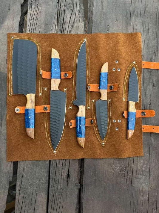 Custom handmade D2 steel kitchen chef set with leather roll