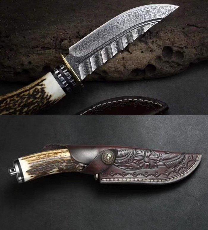 Custom handmade damascus steel skinner knife with leather sheath/Stag horn handle