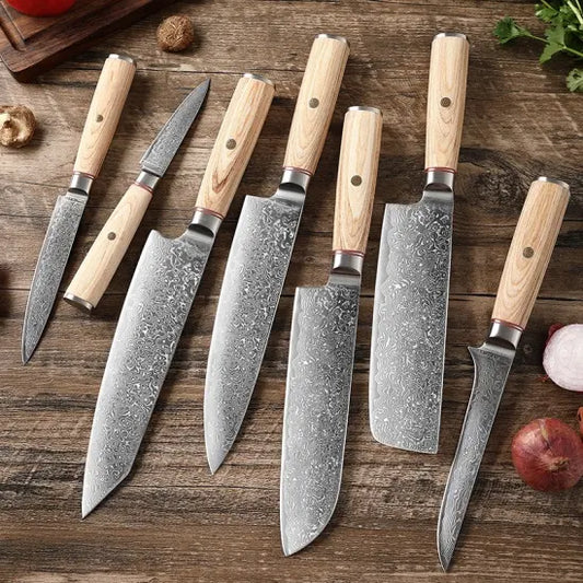 Custom handmade damascus steel kitchen chef set with leather roll 07 pcs