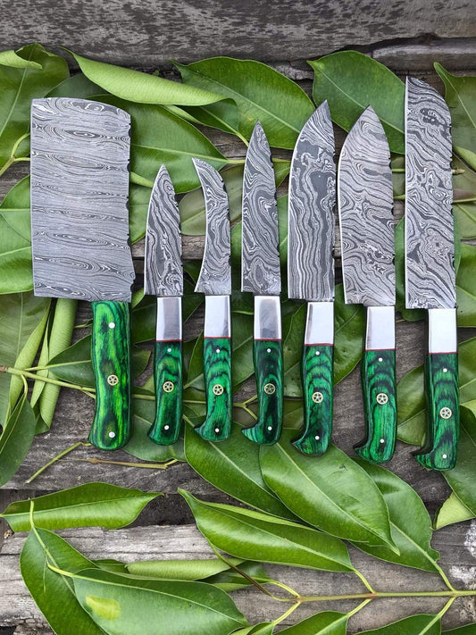 Custom handmade damascus steel kitchen chef set Green 07 pcs