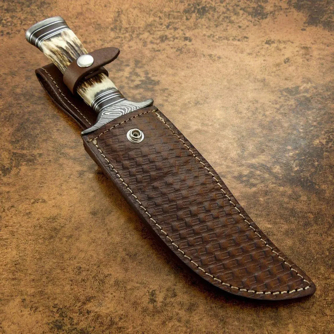 Custom handmade Damascus steel hunting Bowie with leather sheath - Image #2