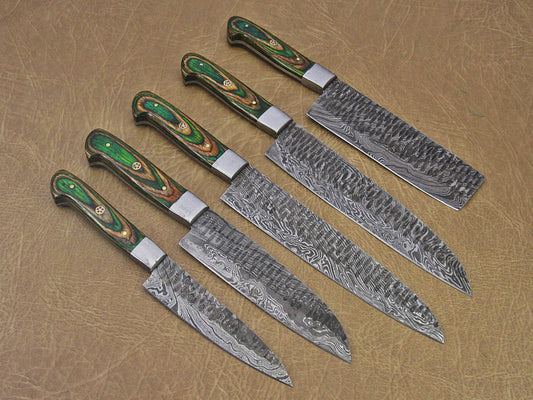 Custom handmade damascus steel kitchen chef set with leather roll 05 pcs