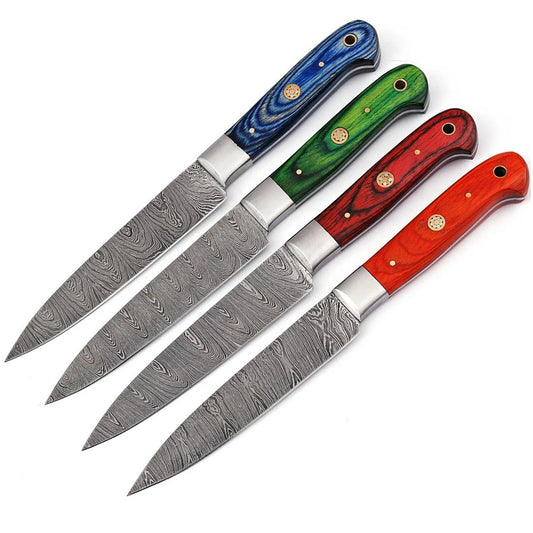 Custom handmade Damascus steel steaks set with leather roll 04 pcs