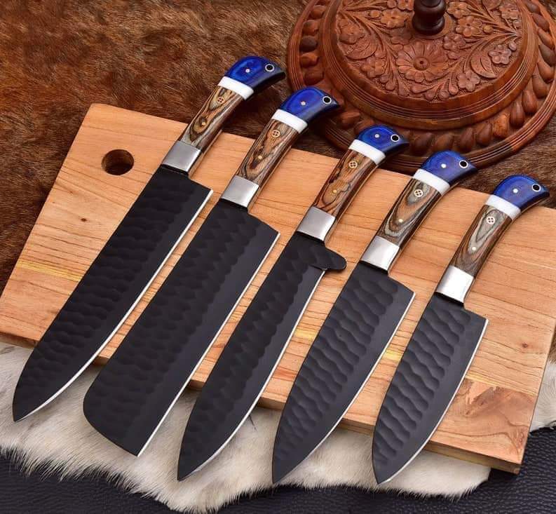 Custom handmade D2 steel kitchen chef set with leather roll 05 pcs