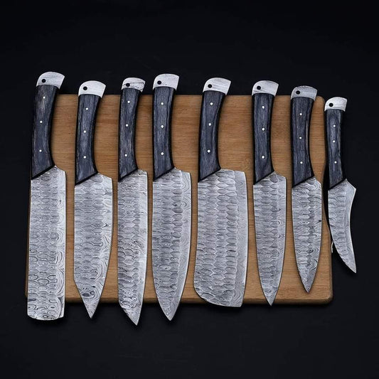Custom handmade damascus steel kitchen chef set with leather roll 08 pcs