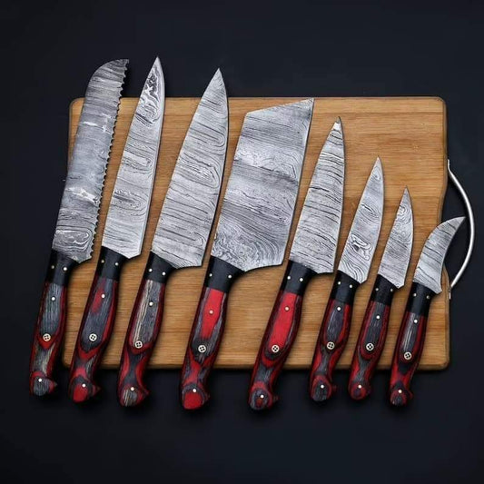 Custom handmade damascus steel kitchen chef set with leather roll 08 pcs