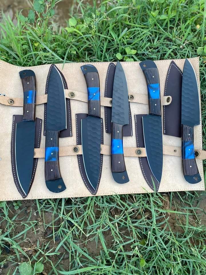 Custom handmade D2 steel kitchen chef set + 06 matching steaks with leather roll