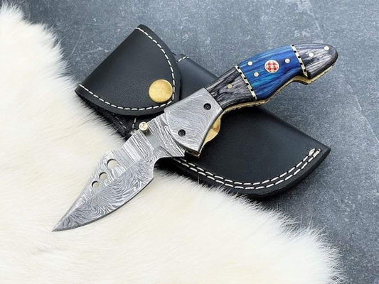 custom handmade damascus steel folding knife with leather sheath