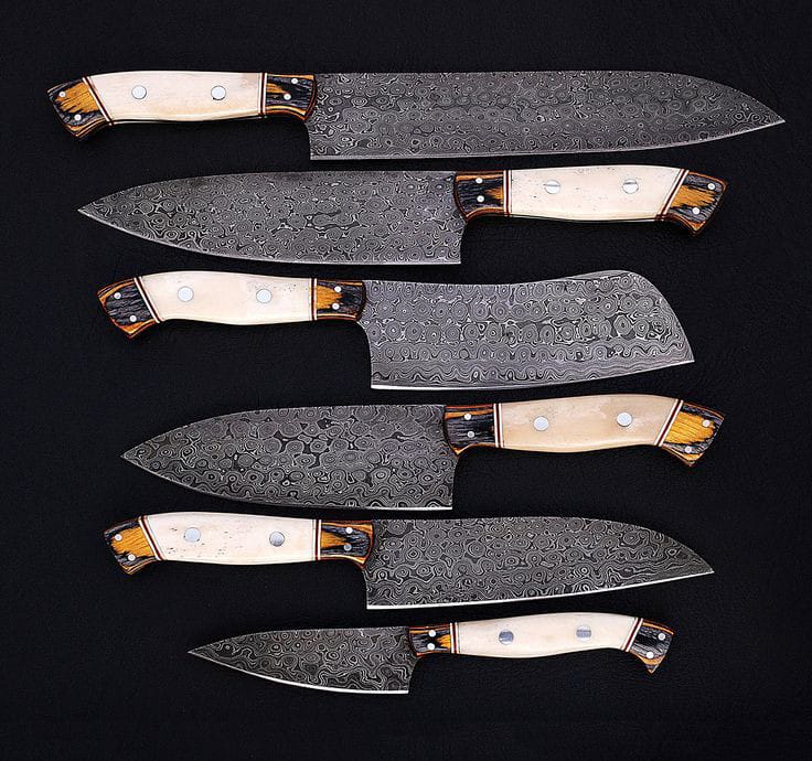 Custom handmade Damascus steel kitchen chef set with leather roll 06 pcs