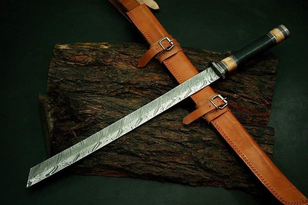 Custom handmade damascus steel katana/machete knife with leather sheath