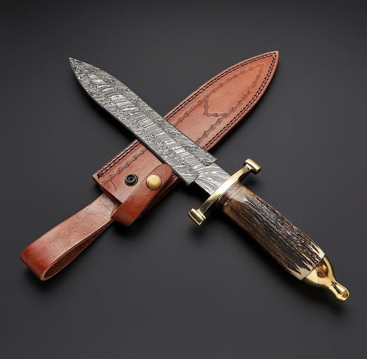 Custom handmade damascus steel Hunting dagger with leather sheath/Antler horn