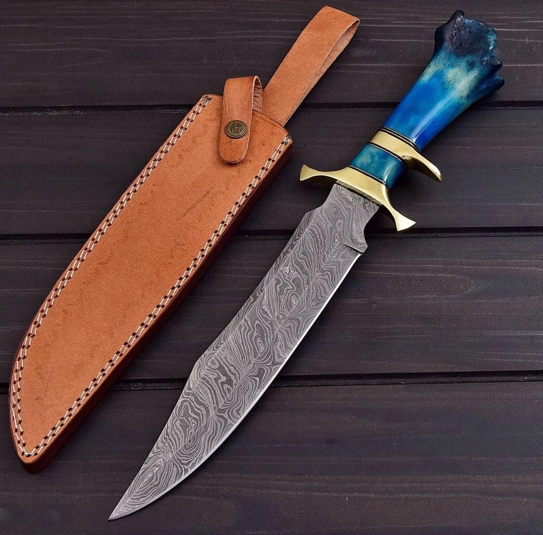 Custom handmade Damascus steel hunting Bowie with leather sheath