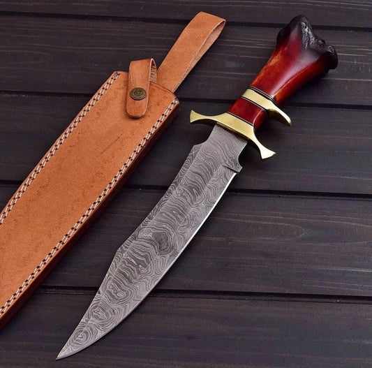 Custom handmade Damascus steel hunting bowie with leather sheath