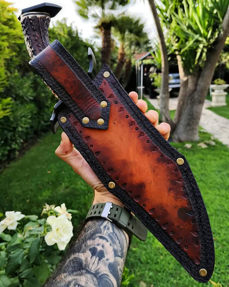 Custom handmade D2 steel Hunting bowei knife with awesome leather sheath!