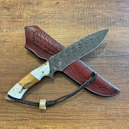 Custom handmade damascus steel skinner knife with sheath