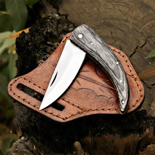 Custom handmade D2 steel folding knife with leather sheath