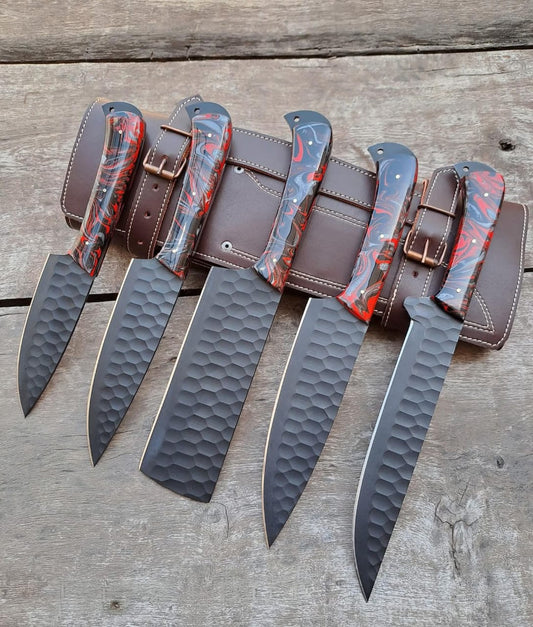 Custom handmade D2 steel kitchen chef set 05 pcs with leather roll