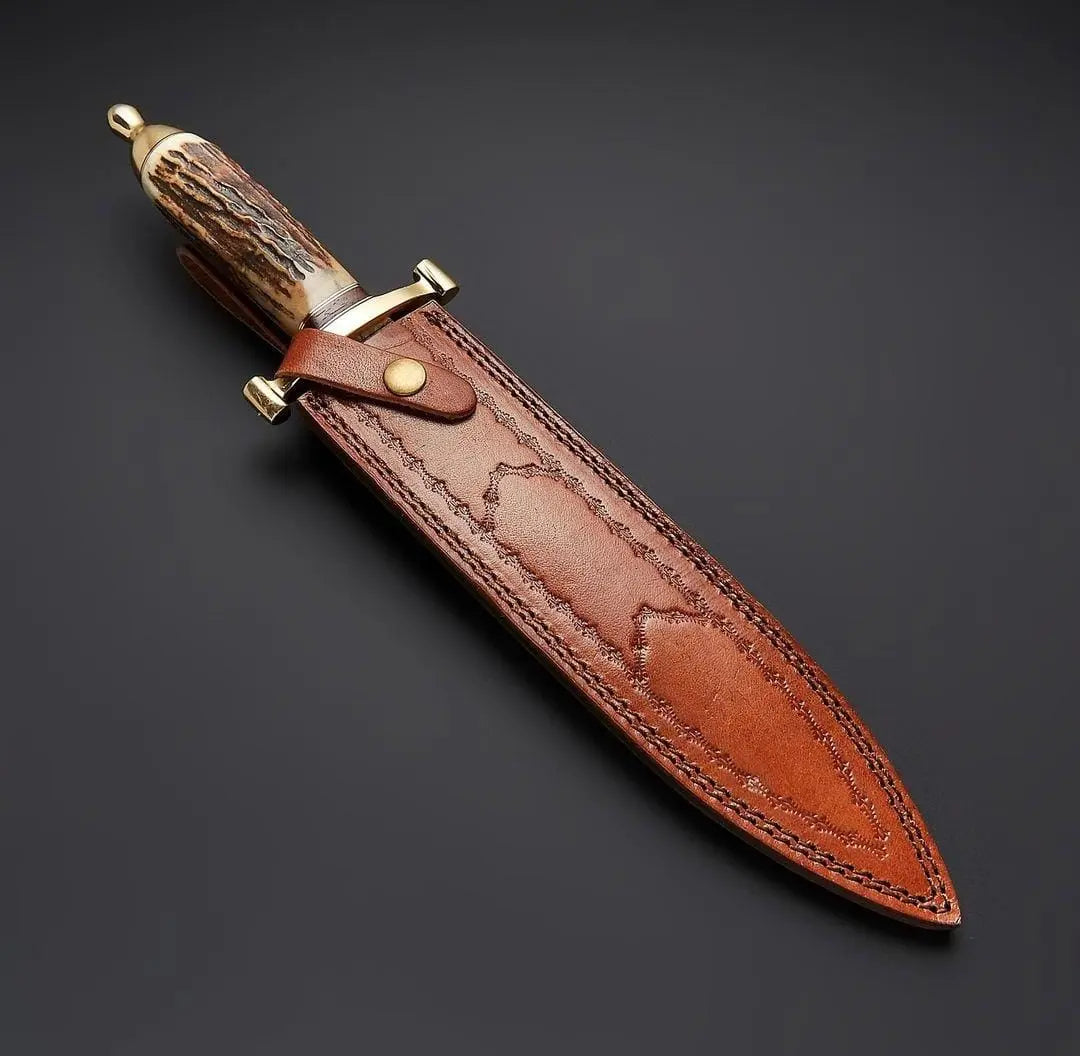 Custom handmade damascus steel Hunting dagger with leather sheath/Antler horn - Image #3